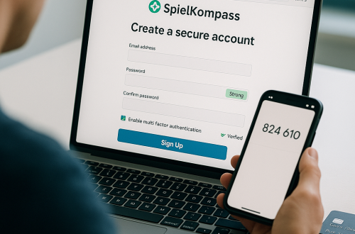 Over-the-shoulder photo of a person setting up a SpielKompass account on a laptop with