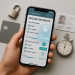 Top-down photo of a hand holding a smartphone with secure payment options, next to