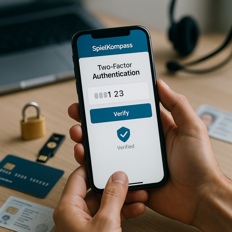 Hands hold a smartphone with the SpielKompass 2FA screen; padlock, security key, and blurred
